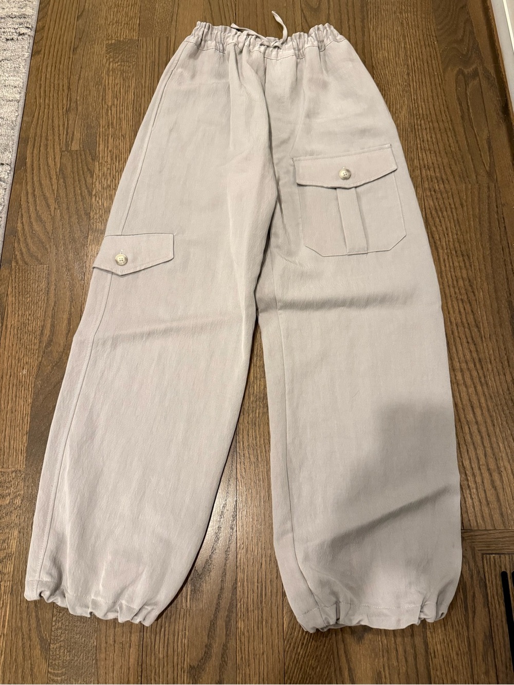 Adorable Satiny Drawstring Cargo Pants in Light Gray